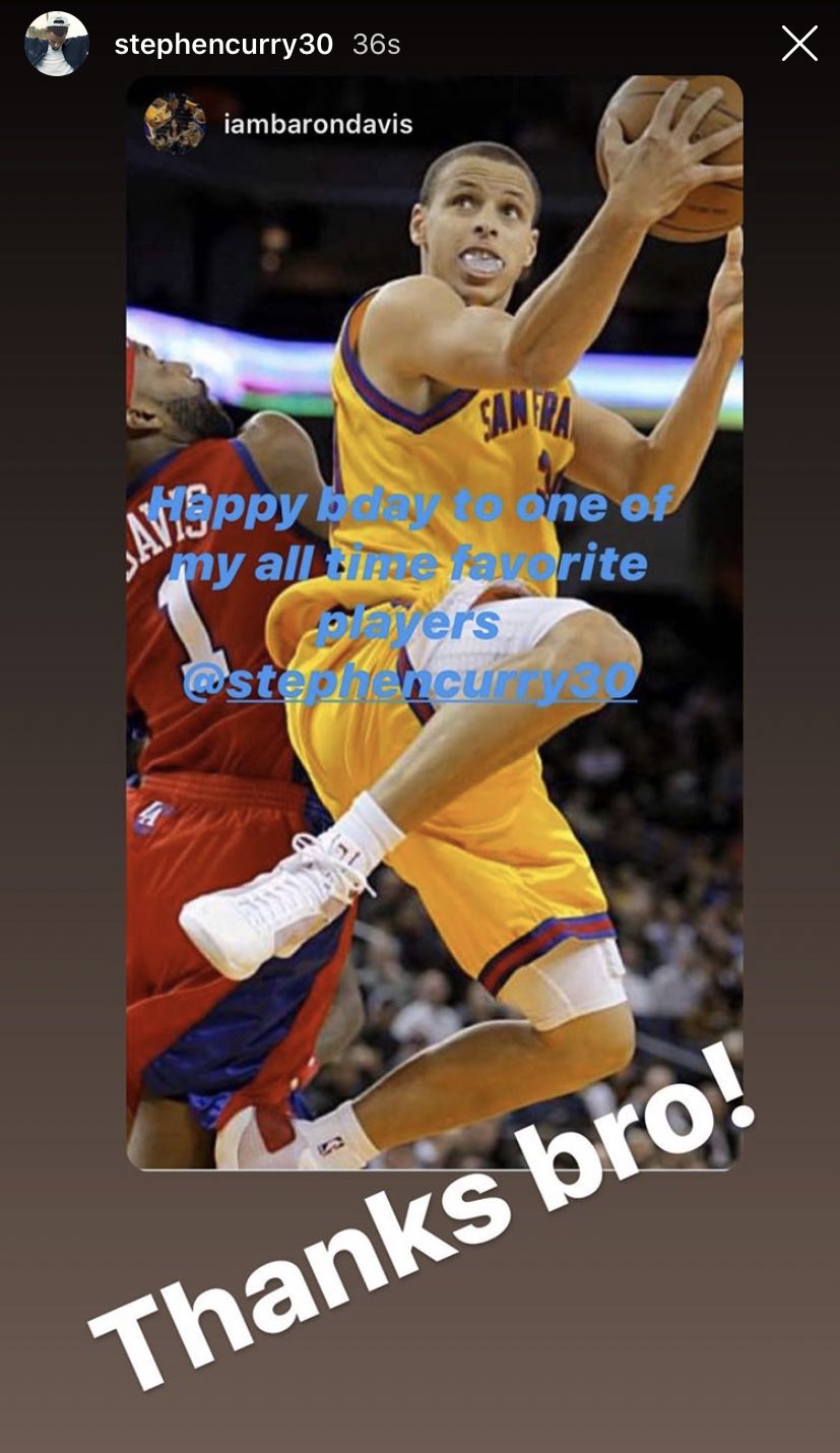 Baron Davis wishing Steph a happy birthday. My two favorite PGs in Warriors history.   