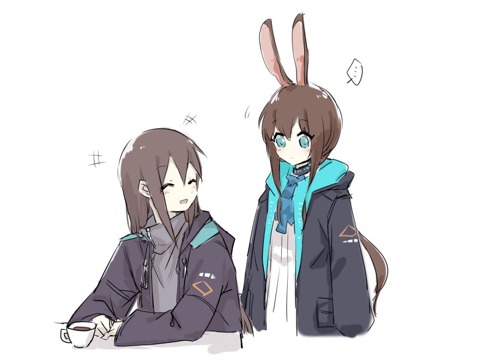 amiya (arknights) rabbit ears animal ears brown hair jacket hood 2girls white background  illustration images