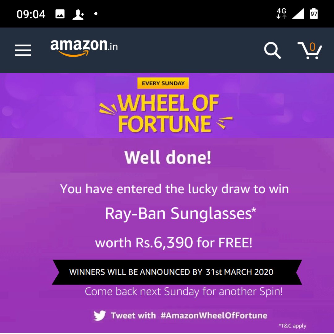 Raajarooh's tweet photo. #AmazonWheelOfFortune..I have entered the lucky draw to win Ray Ban Sunglasses https://t.co/Av0aBq2OMy
