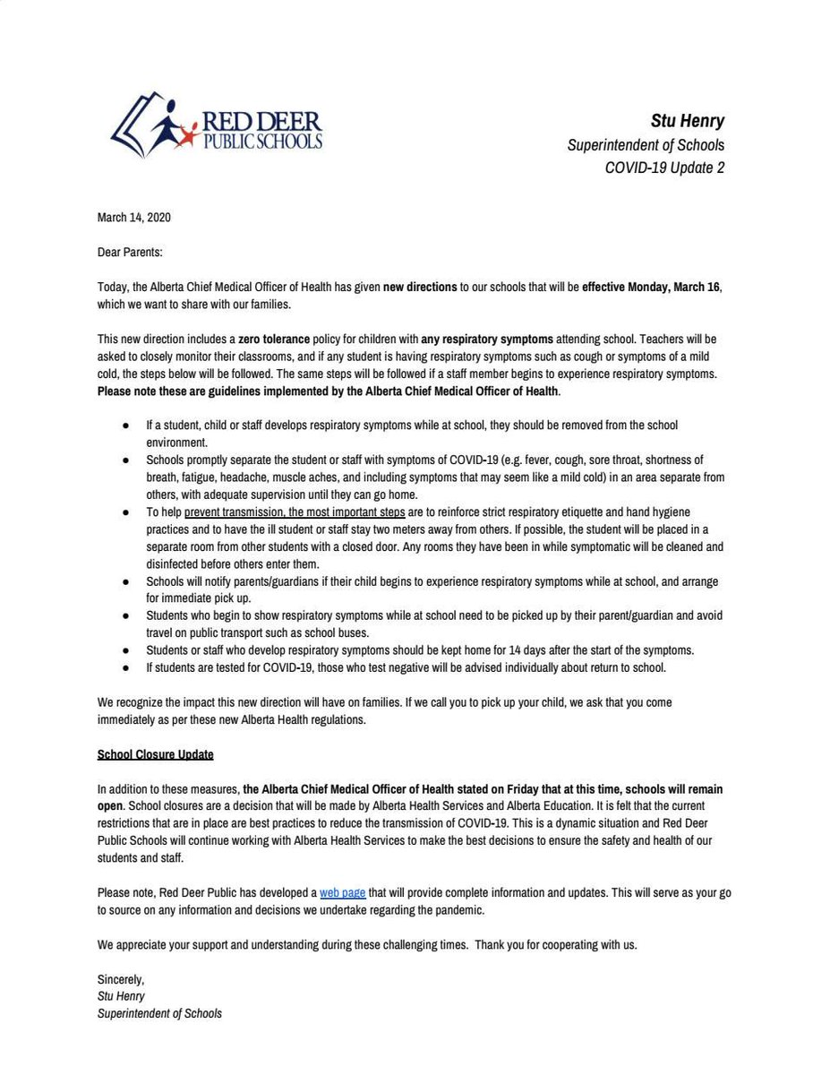 See our letter to families following new directions from the Alberta Chief Medical Officer of Health. This new direction will be effective Monday, March 16. The health &amp; safety of our students &amp; staff are of top priority. We appreciate your support and understanding #RedDeer