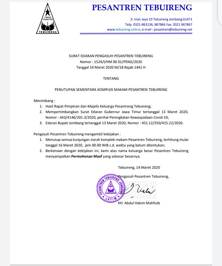 Surat edaran dari Pesantren Tebuireng