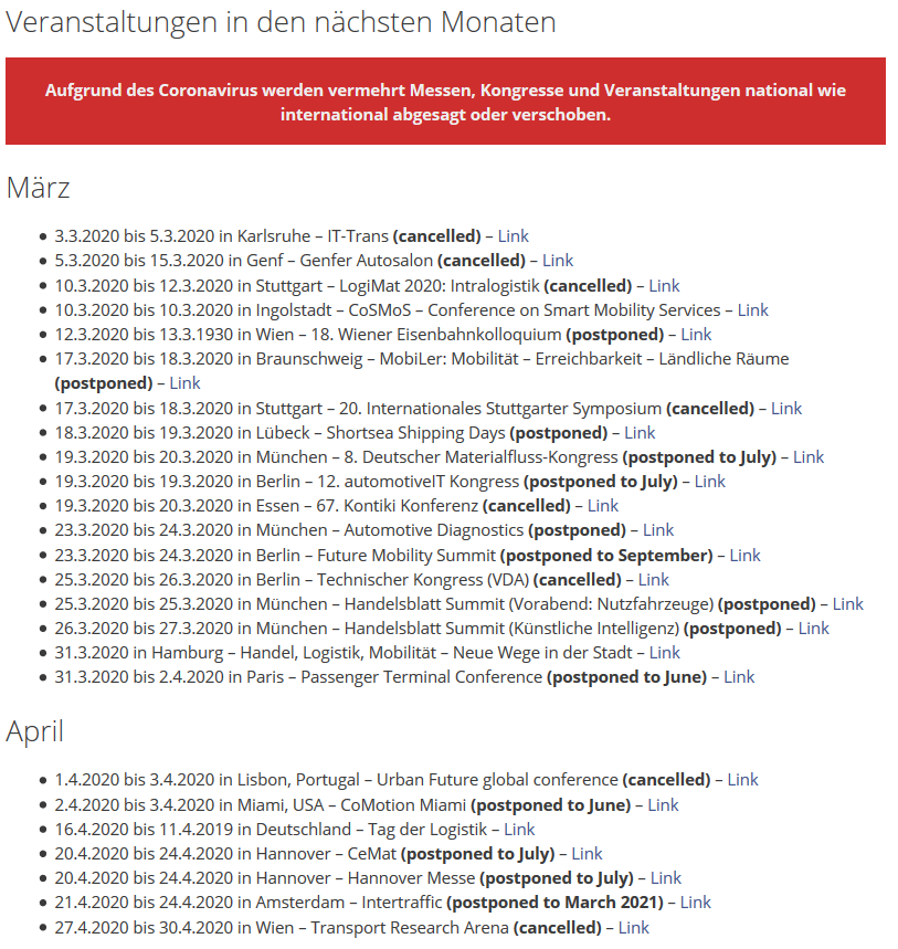 LogiMobiEvents's tweet photo. #CoronaVirusDE sorgt für Absagen und Verschiebung von Messen und Kongressen national und international. Fast alle Events für März und April sind abgesagt. Eine Minderheit hat bereits Alternativtermine im 2. Halbjahr 2020. https://t.co/lCmo3fW5PG
#COVIDー19 https://t.co/3o0FkuKsV3