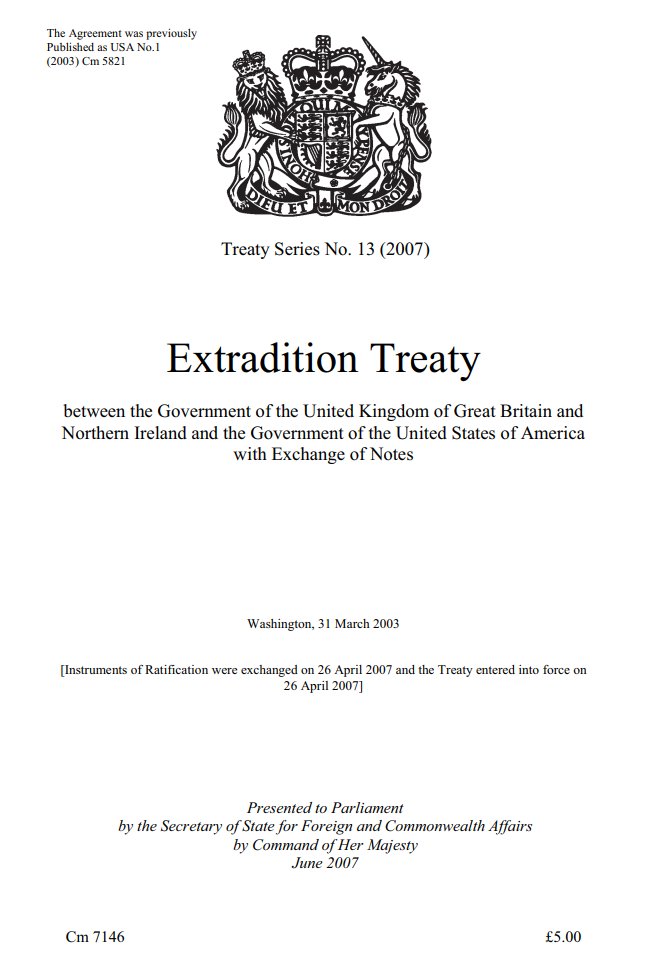 Extradition Treaty (2007)Article 4 Political And Military Offenses1. Extradition shall not be granted if the offense for which the extradition is requested is a political offense.  https://assets.publishing.service.gov.uk/government/uploads/system/uploads/attachment_data/file/243246/7146.pdf