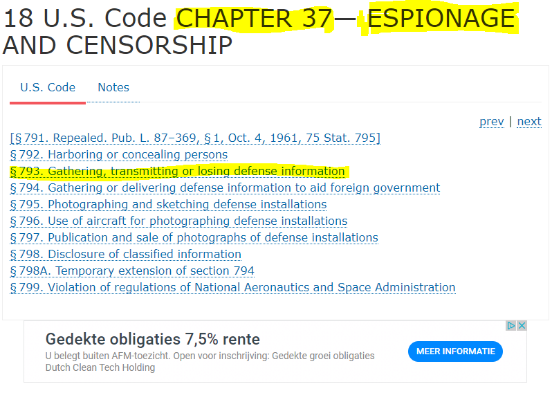 Again, what Julian Assange is charged with:18 USC Chapter 37 (*Espionage* and Censorship), Paragraph 793 (charges 1-17) https://www.law.cornell.edu/uscode/text/18/part-I/chapter-37#