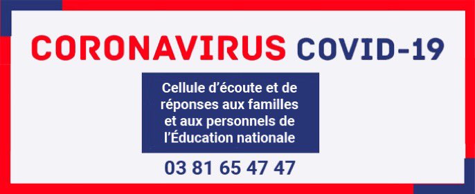 #ContinuitePedagogique La cellule d’accueil téléphonique Covid-19 de <a href="/acbesancon/">Académie de Besançon</a> est activée ce dimanche de 9h-12h et de 14h-18h pour répondre aux questions des élèves, parents et personnels. #COVIDー19