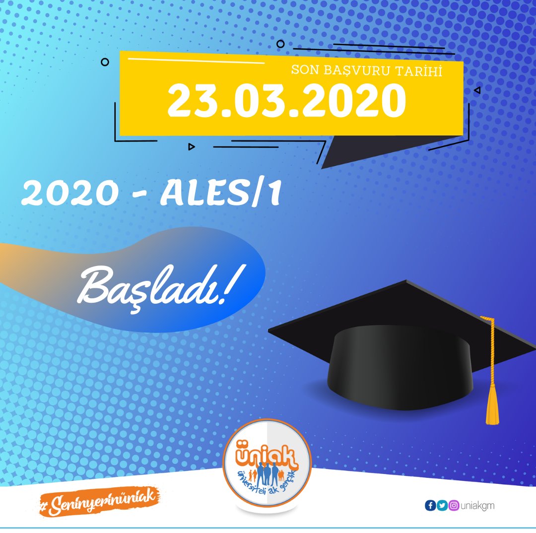 📌2020 - ALES/1 Başvuruları Başladı.
Başvurular için:
💻ais.osym.gov.tr

⏳ Son Başvuru Tarihleri: 23 Mart 2020
🗓 Sınav Tarihi: 3 Mayıs 2020

#SeninYerinÜniAK