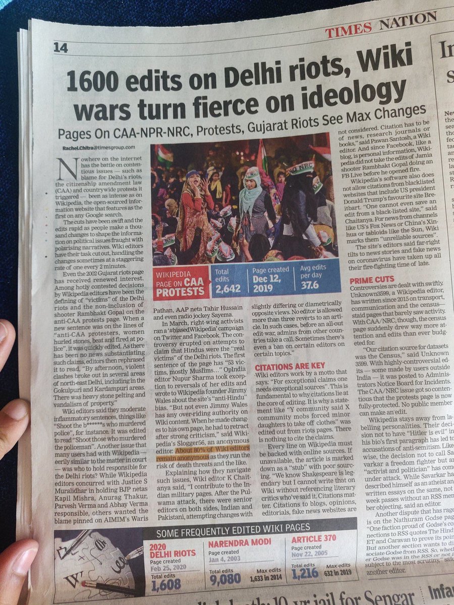 UnSubtleDesi's tweet photo. Hi @timesofindia! I noticed an article you published yesterday, in print and online, where you speak about the ideological wars being played on the Wiki Delhi riots article. I am mentioned in the article too + https://t.co/buaA2e1v0M