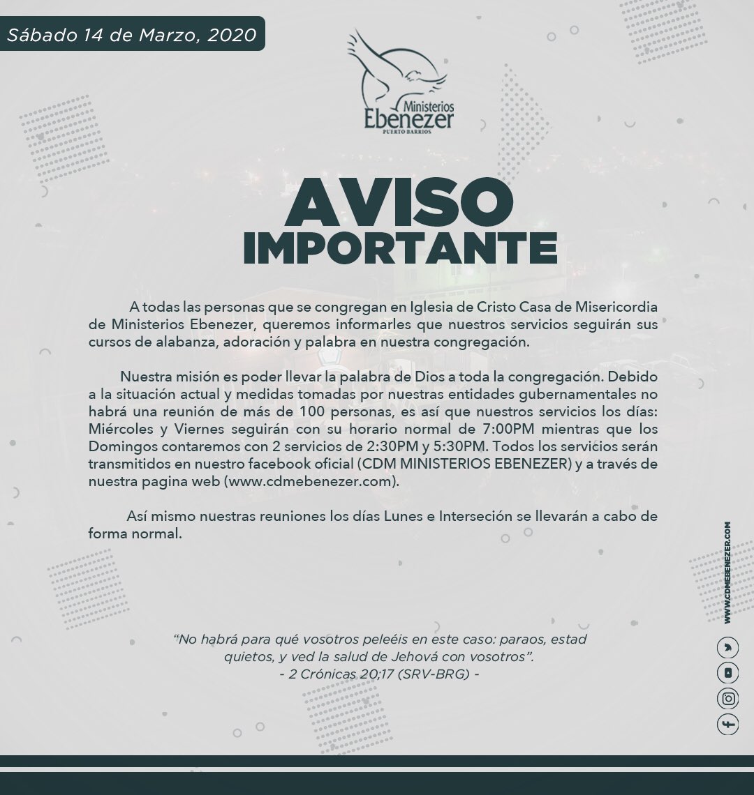 CDM_Ebenezer's tweet photo. Aviso Importante, Información Actualizada Para el pueblo de Dios de CDM Ministerios Ebenezer. https://t.co/dOO7zJbEbf
