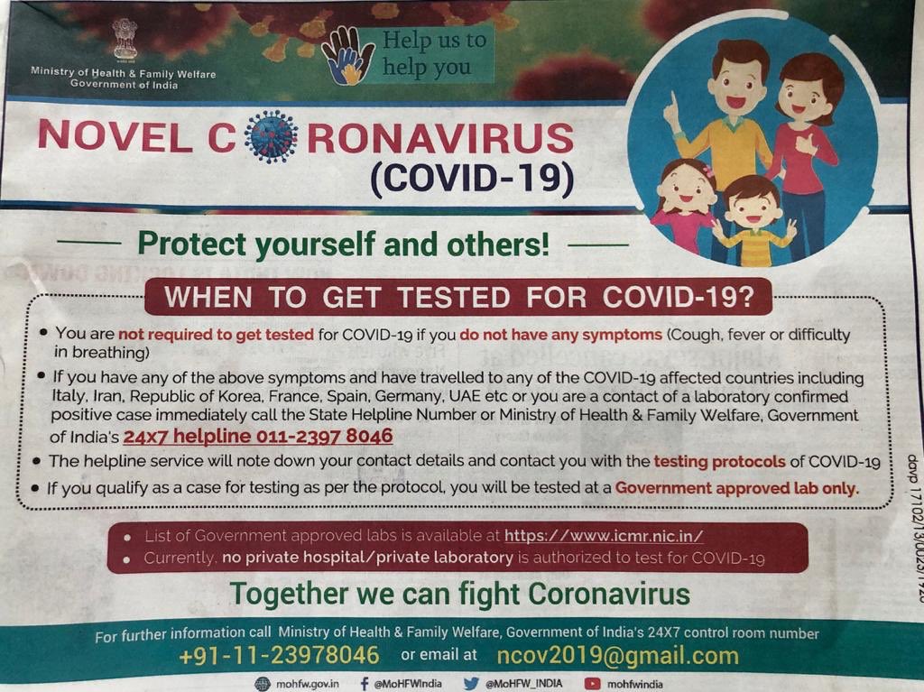 Follow ⁦<a href="/MoHFW_INDIA/">Ministry of Health</a>⁩ to get updates that are not biased.  It clearly states when to test.  Also it says  “Currently no private hospital or private laboratory is authorized to test COVID-19.”  #coronavirusIndia