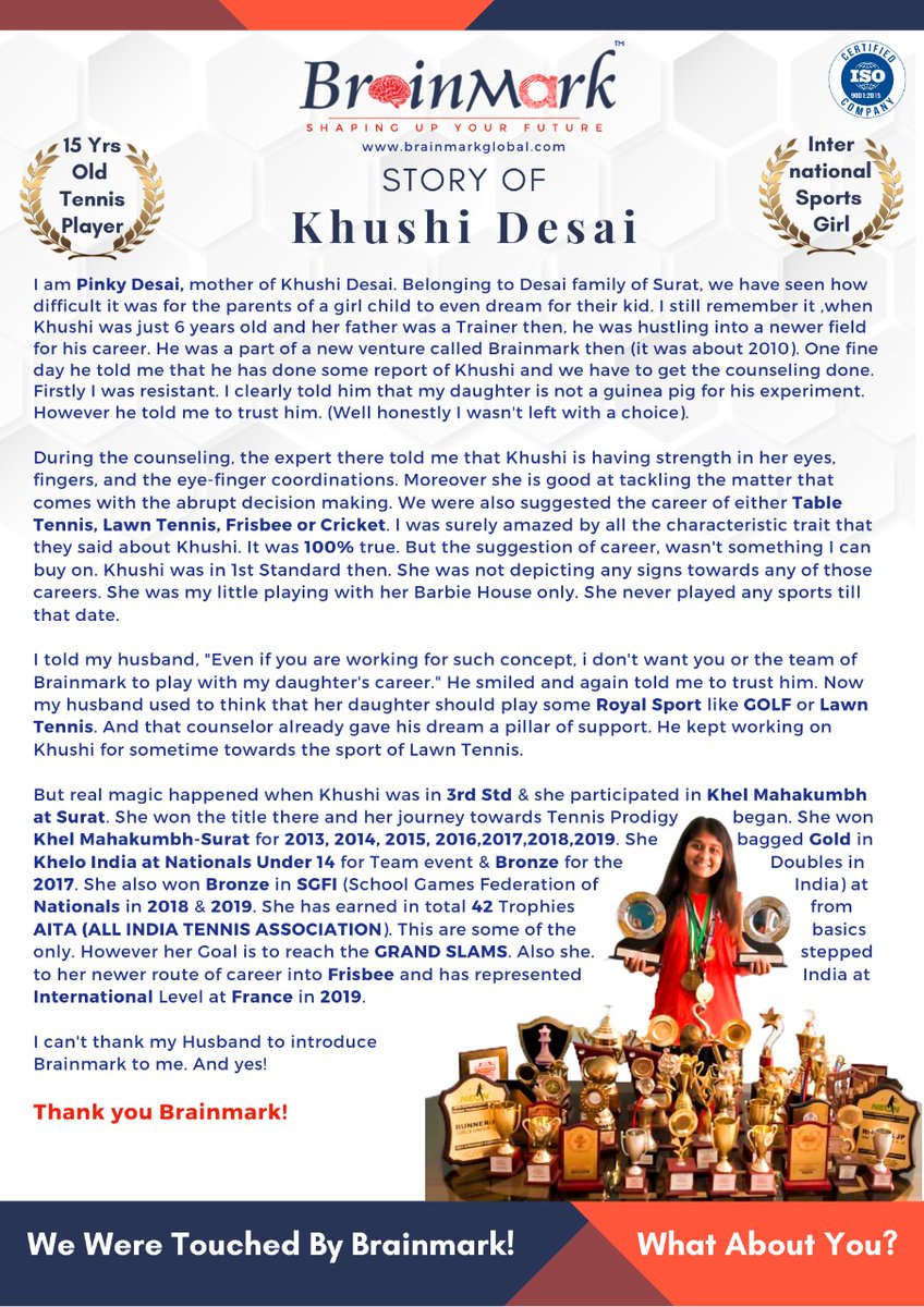 BRAINMARK_DMIT's tweet photo. Sunday Success Story!

Meet Khushi Desai. International Lawn Tennis &amp; Frisbee Player.
Know here story of succes with Brainmark!

#brainmark #khushi #bmsuccessstory #sundaysuccessstory #kamleshsurti #glyphologicalassessment #training #consulting #bls 
#tennis https://t.co/Y6N5S8xacC
