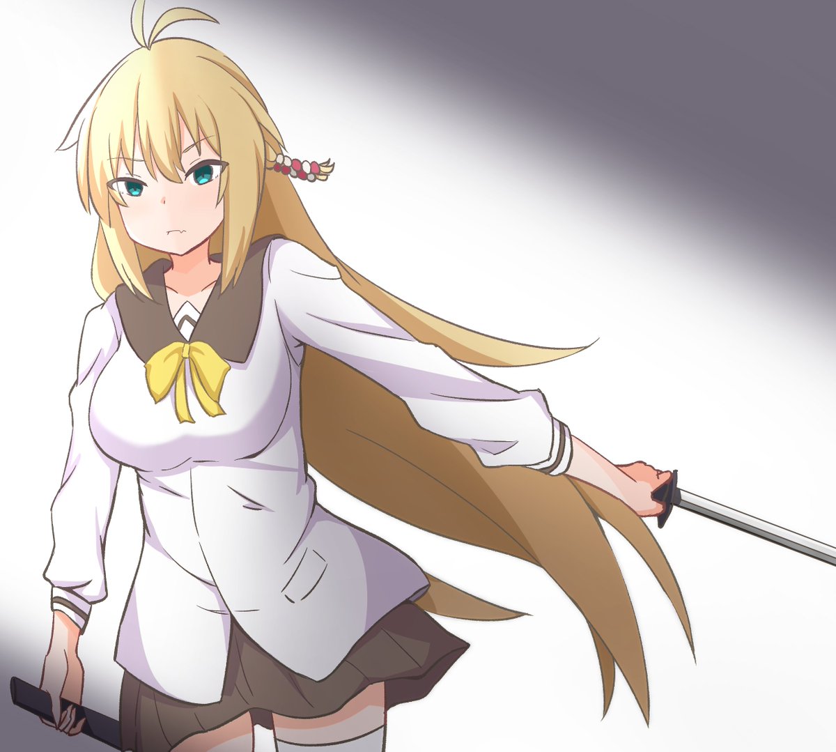 tsurumaki maki 1girl weapon sword long hair blonde hair solo skirt  illustration images