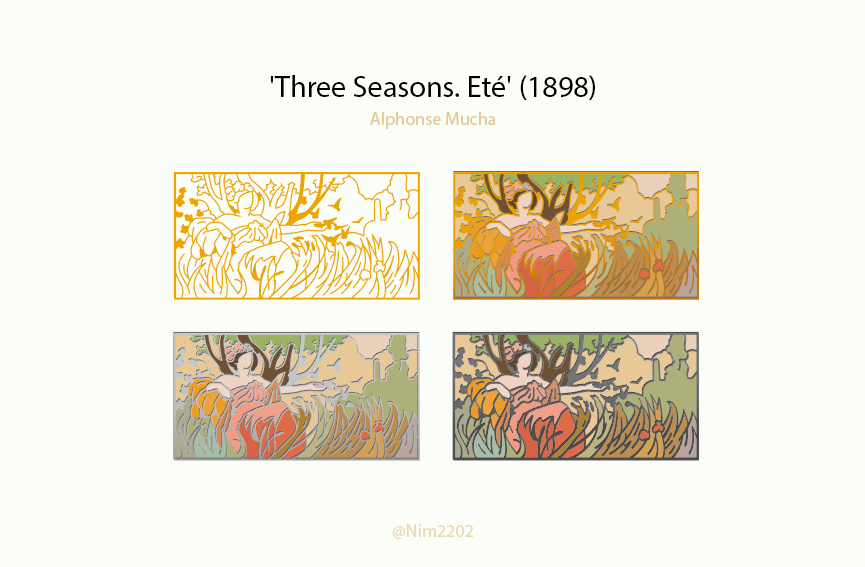 Nim2202's tweet photo. 'Eté' (1898)
'세 개의 계절'의  작품인 '여름'입니다. 길게 자란 풀숲 사이로 앉은 여인이 잔을 담은 손을 길게 뻗고 있습니다.

#뱃지 #뱃지도안 #명화 #알폰스무하 #AlphonseMucha #AlphonseMariaMucha #pin #pinbadge https://t.co/FxmtlMMfE5