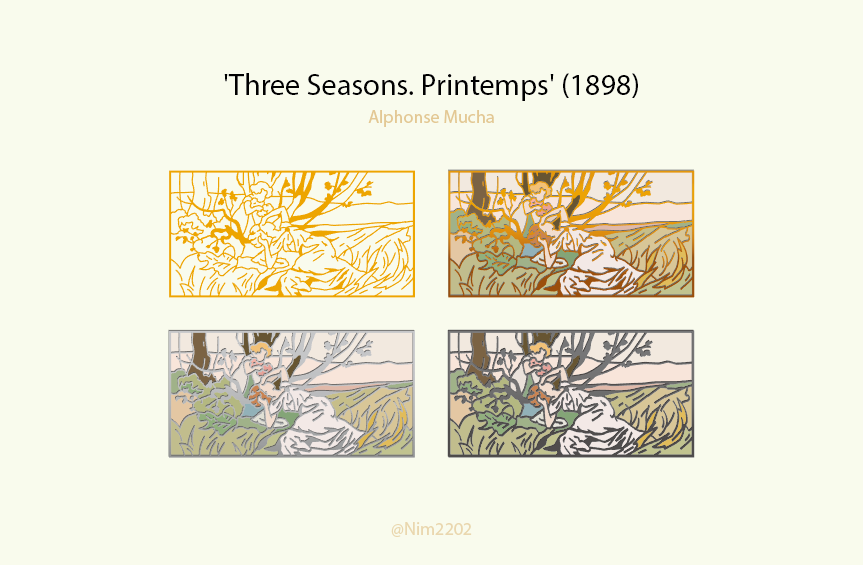 Nim2202's tweet photo. 'Printemps' (1898)
'세 개의 계절'의 첫 번째 작품인 '봄'은 푸르게 펼쳐진 풀숲 위로 나른하게 누워있는 여인 위로 아이가 봄을 뜻하는 꽃송이들을 잔뜩 그러안고 있는 모습이 그려져 있습니다.

#뱃지 #뱃지도안 #명화 #알폰스무하 #AlphonseMucha #AlphonseMariaMucha #pin #pinbadge https://t.co/42npSWCk9q