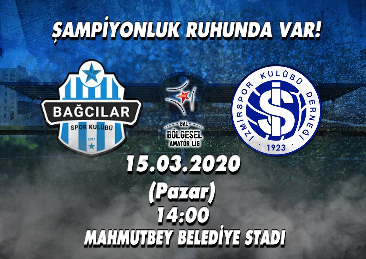🔹️ Bağcılarspor'umuzun Maçı Var! 💪    🏆 🆚 İZMİRSPOR
🏟MAHMUTBEY BELEDİYE  STADYUMU 📆 15.03.2020 (PAZAR)                                            ⏰ 14:00 #DestekVakti

BAĞCILAR SOSYAL MEDYA ⚪🔵 #SeninSemtinSeninTakımın
#semtaşkı 
#bağcılarspor

Designer: @mucahitdilli