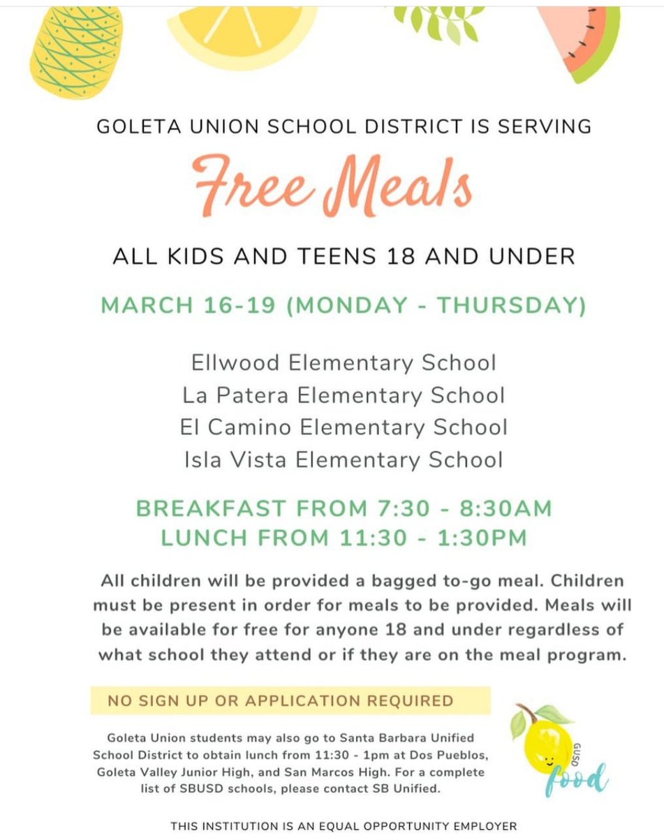 GoletaUSD's tweet photo. Free meals for kids in Goleta! Follow @gusdfood on Instagram for updates on our plans for coming weeks. https://t.co/n77Ii8kZbJ