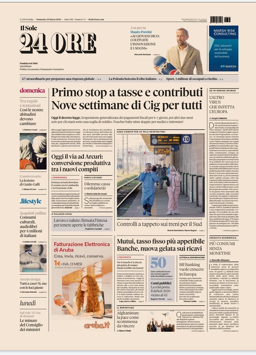 sole24ore's tweet photo. Sulla #primapagina del Sole 24 ore di domenica #15febbraio: primo stop di #tasse e contributi, 9 settimane di #Cig per tutti, oggi il decreto legge. #mutui, tasso fisso più appetibile; #banche, nuova gelata sui ricavi #buonalettura #rassegnastampa https://t.co/fOaQ3l3Pnf