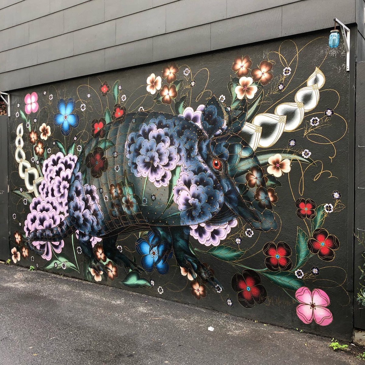 DESIGNTRACES's tweet photo. Social distancing works well when it’s rainy weather in SF. Perfect time to explore the neighborhood and spot a beautiful armadillo on 22nd and James street. #sanfrancisco 
#streetart #designtracesstreetart https://t.co/6ZimIiejMz