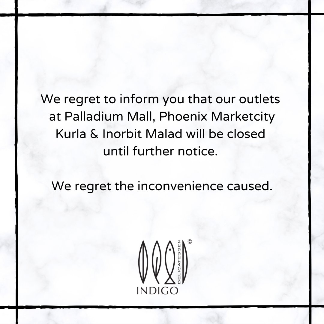 We will still continue service at our Bandra, Lokhandwala and Colaba outlets.

#IndigoDeli