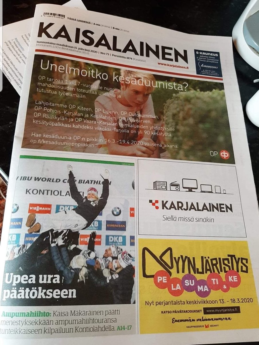 Tannikat's tweet photo. Sanomalehti Karjalainen ilmestyy tänään Kaisa Mäkäräisen uran kunniaksi Kaisalaisena. Hienoa reagointia lehdeltä! #ura #mäkäräinen https://t.co/erz1UZbtAE