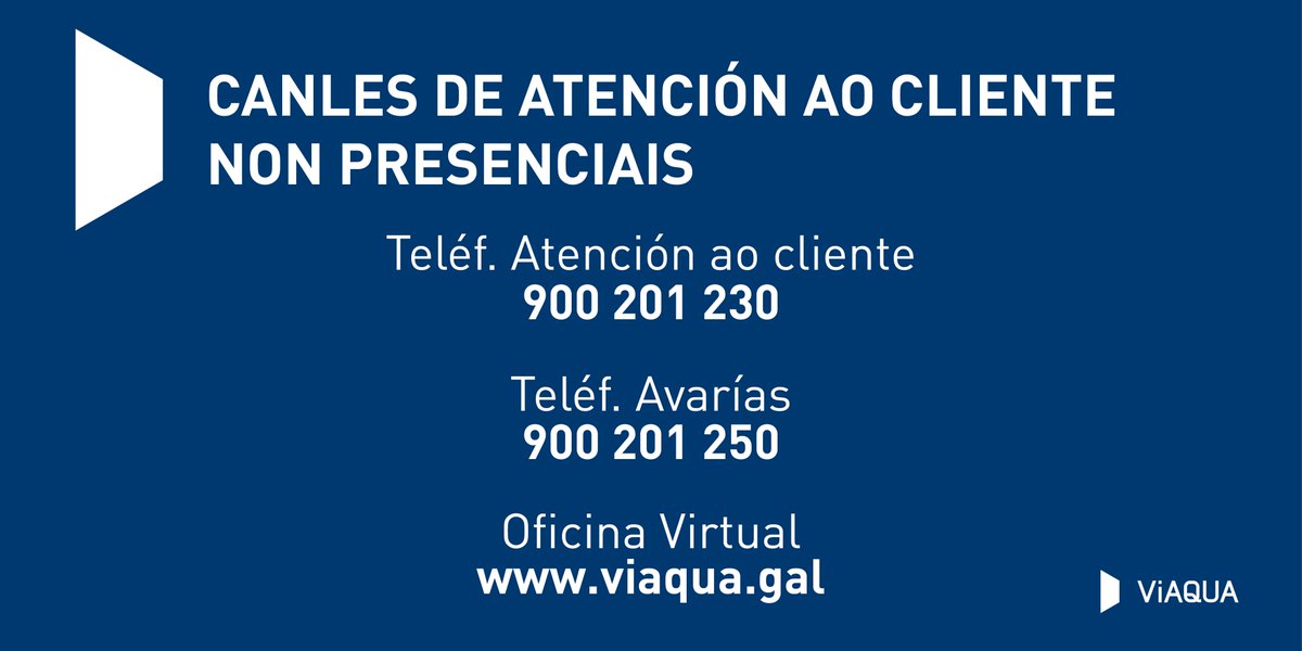 🔴Ante o estado de alerta pola propagación do Covid-19, manifestamos que a subministración de auga está garantida coas mesmas garantías que ata o de agora.
Lembra que para calquera dúbida ou xestión están dispoñibles as canles de atención non presencial.
👉viaqua.gal/gl/-/viaqua-ad…