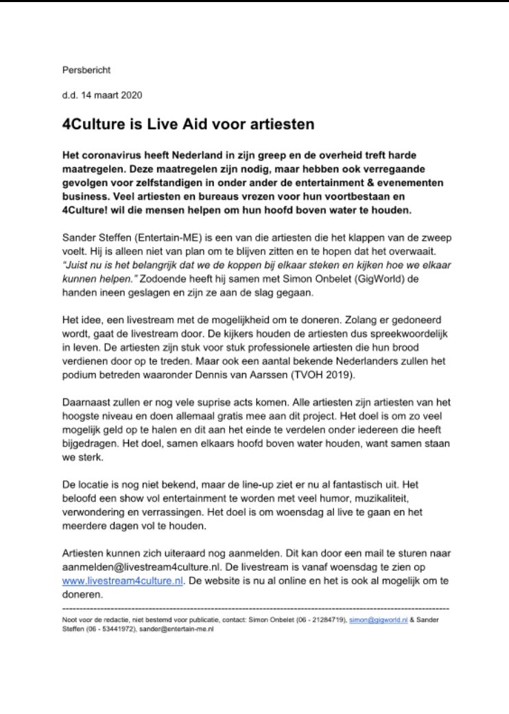 4Culture. Een livestream. 

We weten dat we niet de eerste zijn die gaat livestreamen, maar wat ons onderscheidt van de andere streams is dat we een donatietool hebben geïntegreerd in de website. Alles wat wordt opgehaald wordt verdeeld onder de meewerkende partijen.