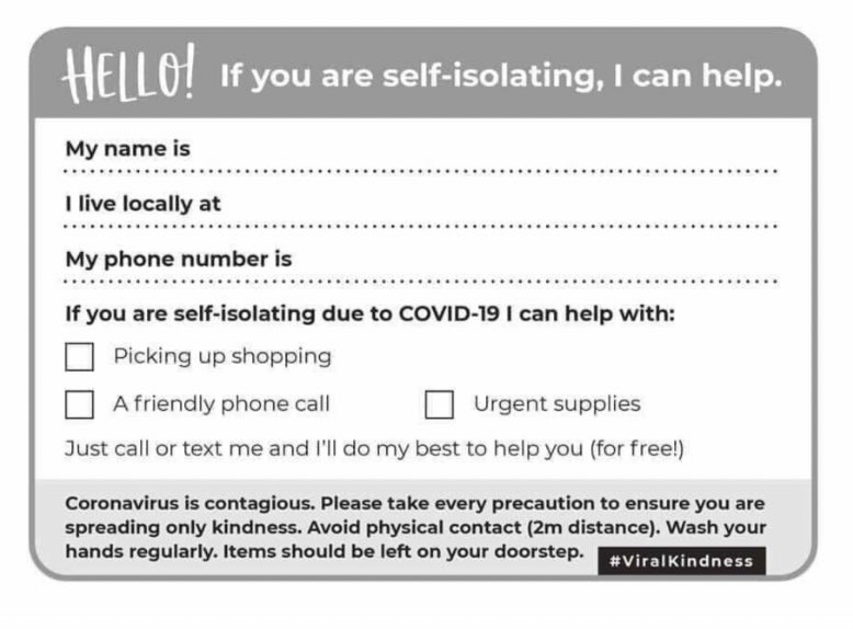 MidlothianHSCP's tweet photo. 1/2

‘Neighbour Postcard’
Do you know someone nearby that is self-isolating and think that you can help? If yes, fill in one of these and post it through their door. 

Link to Doc: https://t.co/486qyohuEV

#viralkindess 🌟 https://t.co/675TiPFVNK
