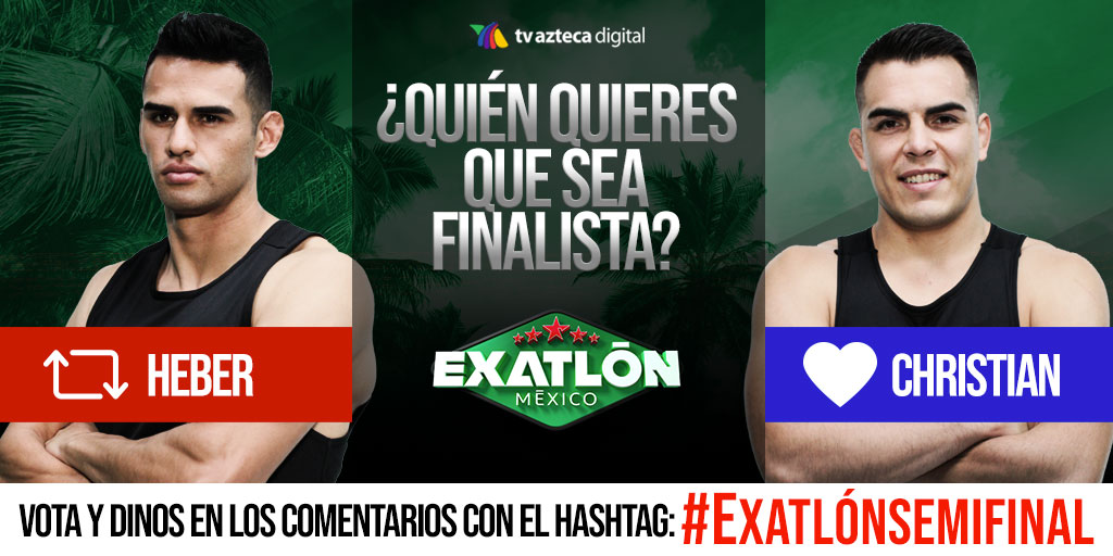 ExatlonMx's tweet photo. Esta noche tendremos un gran duelo de eliminación entre Thunder y @Yomiwrmex, Universal Soldier. 😱 Uno será finalista y el otro será eliminado. ¿A quién quieres ver en la súper final?  

🔁: Heber
❤️: Christian

¡Vota y dinos en los comentarios con el HT #ExatlónSemifinal! https://t.co/GniLe0N5Ot