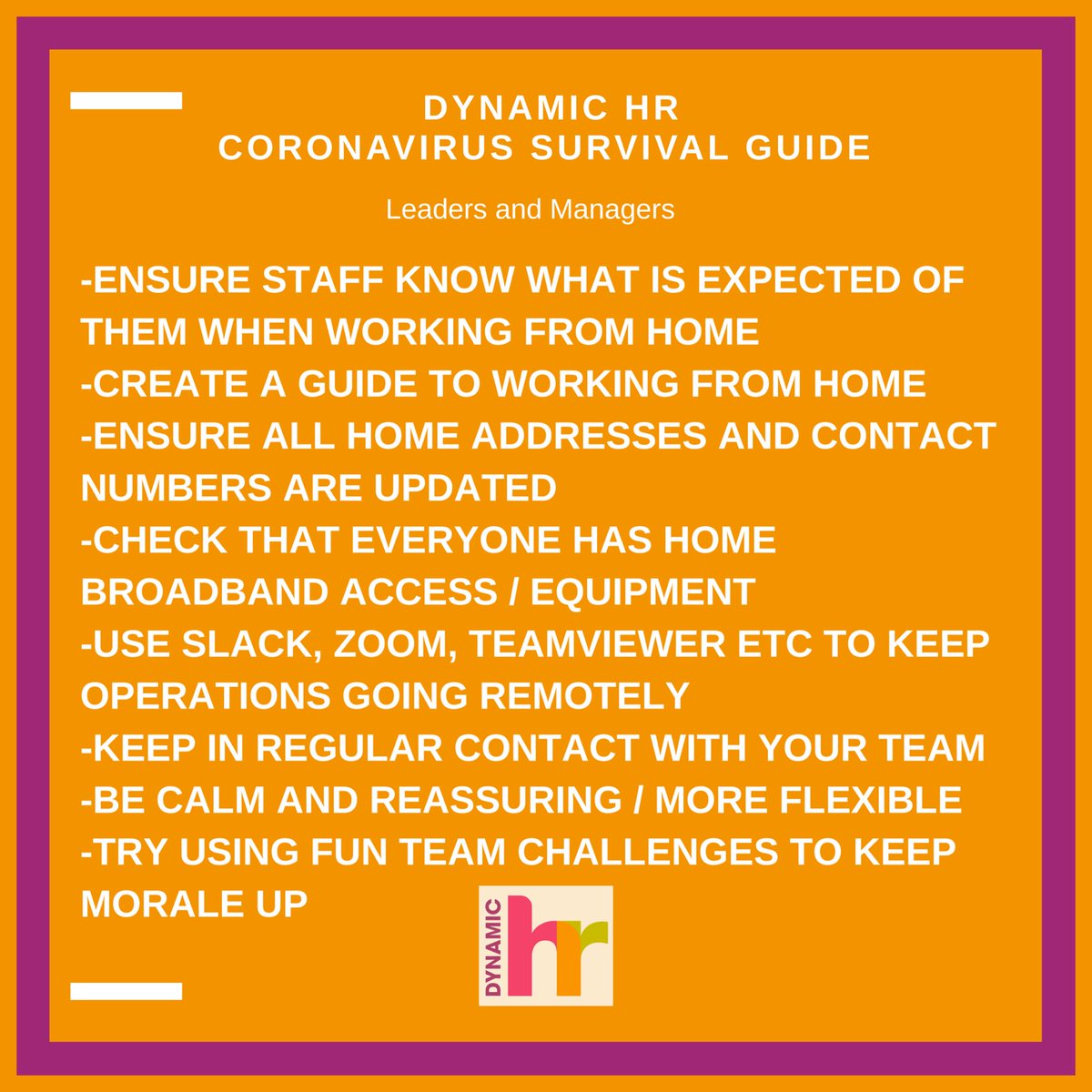DynamicHRUK's tweet photo. Managing staff may be difficult if we are forced to work from home - could you keep your team productive? 😳
Here are some basic tips to get you thinking ...
Share if you found this useful!
#hrsupport #futureofhr #humanresources #hrforsuccess #remotework https://t.co/JMscW5bZRB