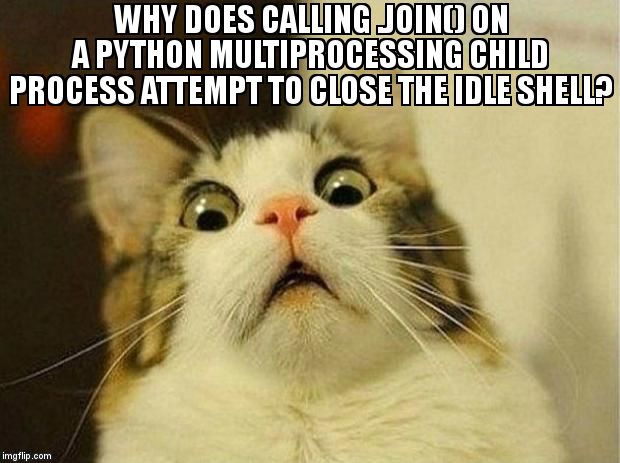 overflow_meme's tweet image. Why does calling .join() on a Python multiprocessing child process attempt to close the IDLE shell? stackoverflow.com/questions/6068… #multiprocessing #pythonidle #python #pythonmultiprocessing