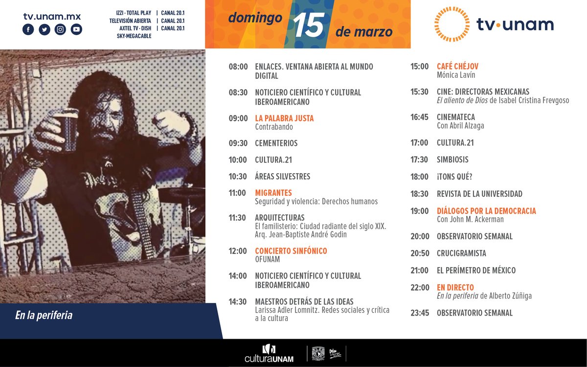 🙌🏼 Lo que tenemos para que pases un #felizdomingo: #Arquitecturas🏰, concierto <a href="/OFUNAM/">OFUNAM</a>🎻, #TonsQué🤷🏻‍♀️, #RevistaUNAMtv🚷, #DiálogosPorLaDemocracia🤜🏼, <a href="/PerimetroMX/">Perímetro de México</a>🚘 y documental #EnLaPeriferia.👨🏻‍🎤