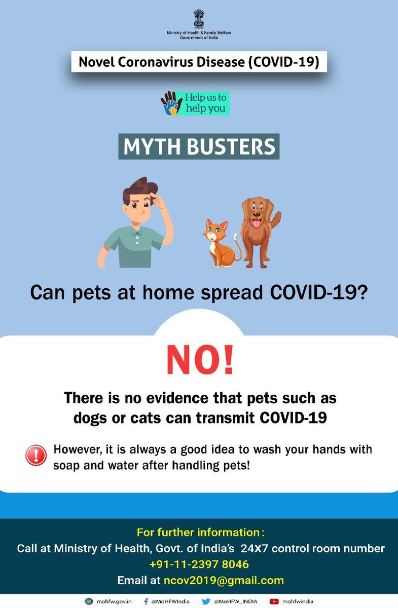 Let's get facts on #Coronavirus right👇

◾ Hand sanitizers are not the only solution
◾ Consuming meat, poultry, fish & eggs does not cause #COVID19
◾ Pets do not spread the virus

#MythBusters #SayNo2Panic #SayYes2Precautions #CoronaOutbreak