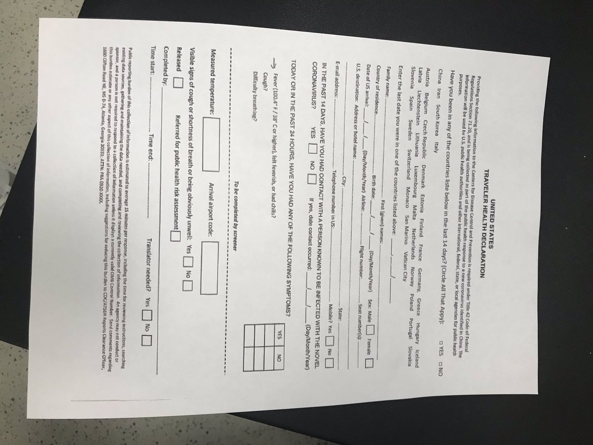 eschiapa's tweet photo. I’m flying back to the US today as my study abroad program ends. So far the airport on the London end has been pretty normal other than filling out this form at my gate. #COVIDー19 #EuropeTravelBan #Heathrow #JFK https://t.co/OgOi29I7HK