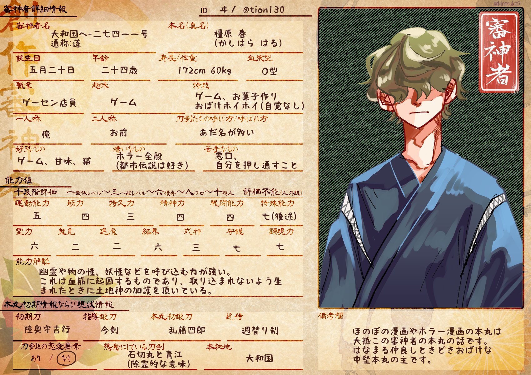 ヰノ 復活してきた よく出てくるおばけホイホイ天パ男審神者のキャラシです 仲良くしてください 創作審神者 創作審神者キャラシート 創作審神者テンプレ T Co wi3wlv2q Twitter