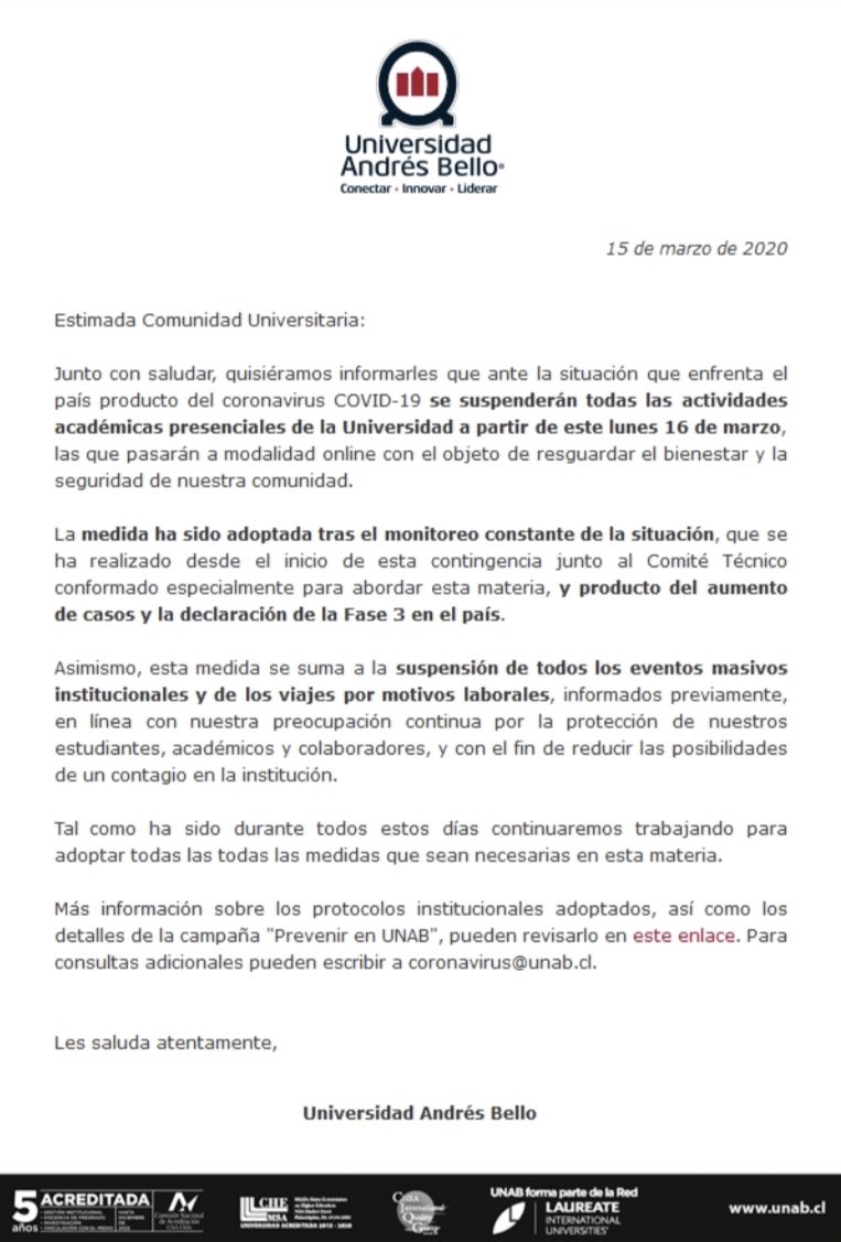 Atención: información relevante sobre suspensión de clases presenciales a partir del lunes 16 de marzo