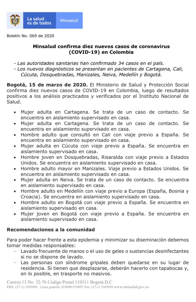 MinSaludCol's tweet photo. Confirmamos 10 nuevos casos de coronavirus en el país. Los nuevos diagnósticos se presentan en Bogotá, Cartagena, Cali, Cúcuta, Dosquebradas, Manizales, Neiva y Medellín. Con estos, Colombia llega a 34 casos de COVID-19. https://t.co/XGJOsM5j3A