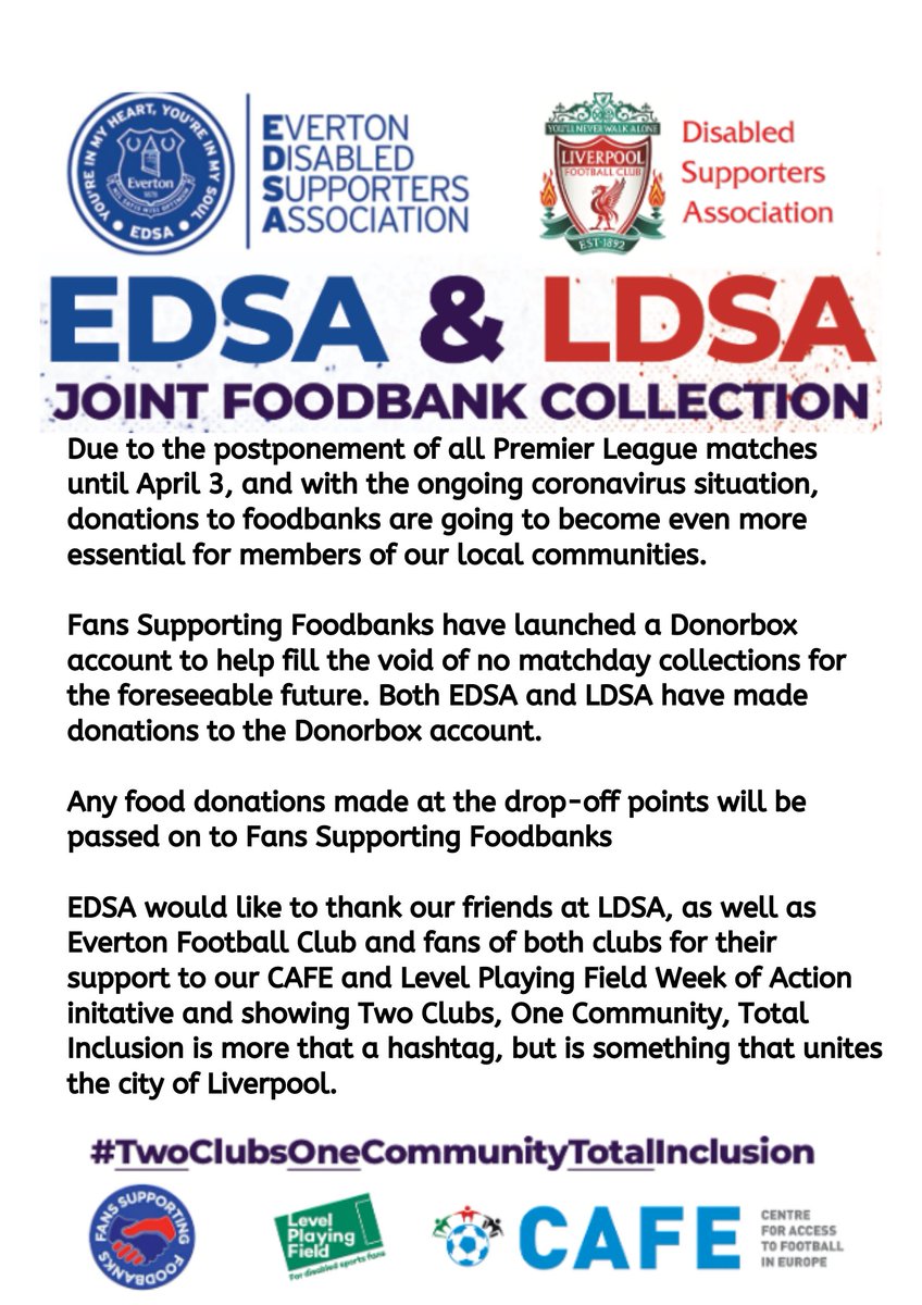 EdsaEfc's tweet photo. Due to the postponement of ours @LiverpoolDSA's @cafefootball & @lpftweets #WeekOfAction foodbank collections, and with no games for the foreseeable future both DSAs have made much needed donations to @SFoodbanks Donorbox fund #TwoClubsOneCommunityTotalInclusion #TotalAccess https://t.co/eRDyJnHLXo