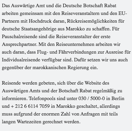 AuswaertigesAmt's tweet photo. Arbeiten mit Reiseveranstaltern &amp; EU-Partnern mit Hochdruck daran, Rückreisemöglichkeiten für Deutsche aus 🇲🇦 zu schaffen. Infos über https://t.co/tscv1PzsX5 &amp; https://t.co/GYpt1ChIQl und telefonisch 030/5000-0 in 🇩🇪 &amp; +212 6 6114 7059 in 🇲🇦. Viele Anfragen, Wartezeiten möglich. https://t.co/U3hgnr2tPg