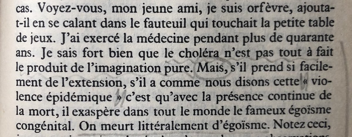 “Je sais fort bien que le choléra n’est pas tout à fait le produit de l’imagination pure. Mais (...) on meurt littéralement d’égoïsme.”

#Giono, “le Hussard sur le toit”.