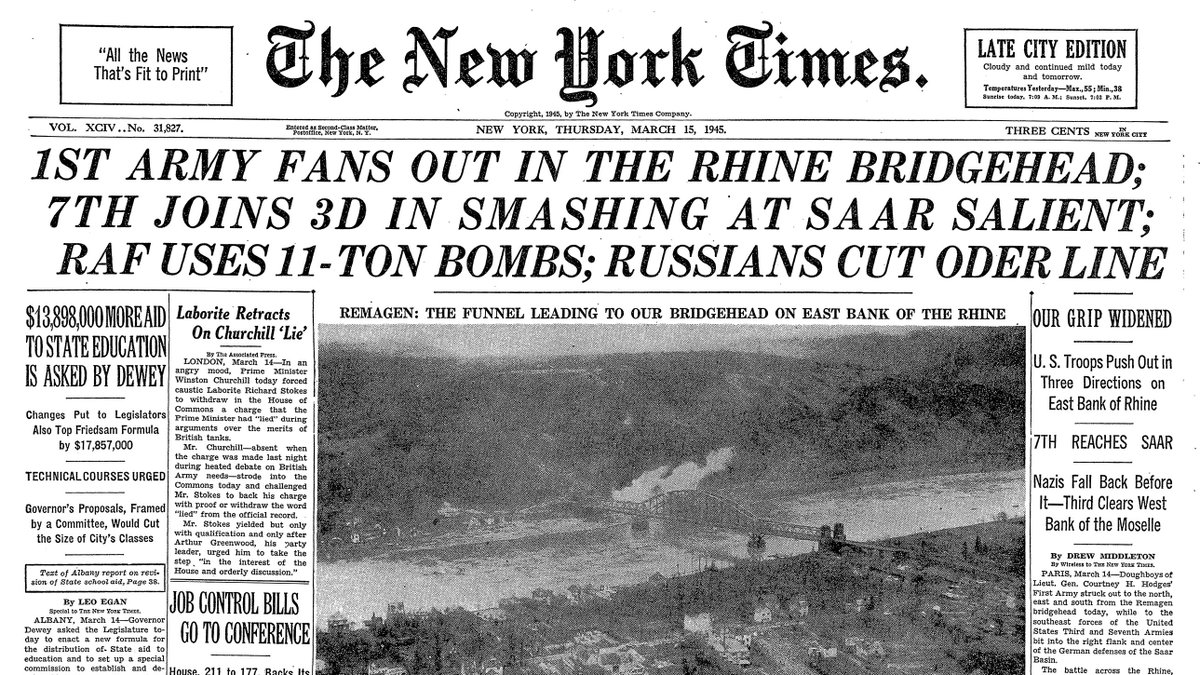 March 15, 1945: 1st Army Fans Out in the Rhine Bridgehead; 7th Joins 3D in Smashing at Saar Salient; RAF Uses 11-Ton Bombs; Russians Cut Oder Line  https://nyti.ms/39RsR29 