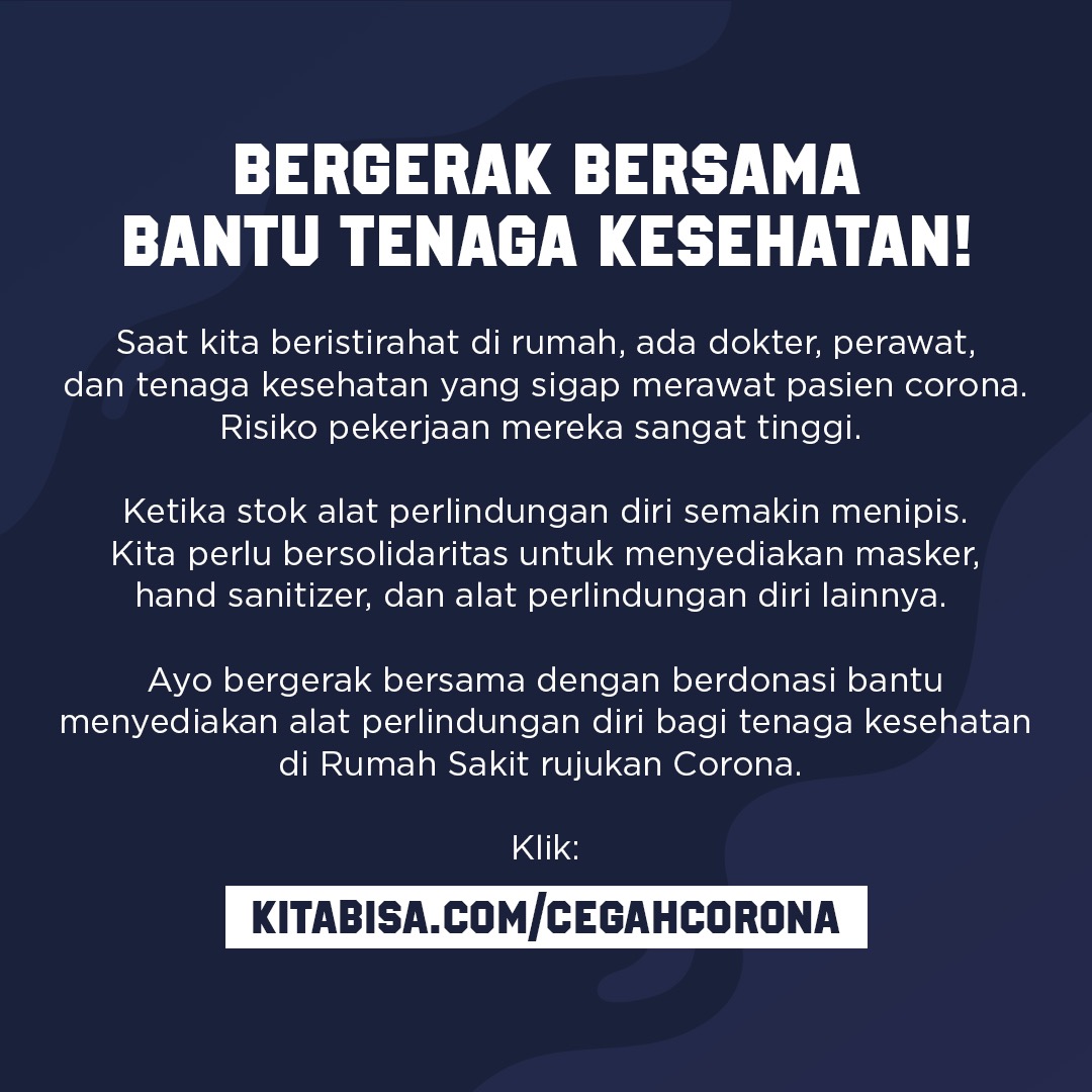 Tiap hari dokter, perawat, &amp; tenaga medis kerja keras merawat pasien corona. Sementara stok masker, hand sanitizer, &amp; alat perlindungan diri makin menipis. 

Yuk donasi sediakan alat perlindungan diri untuk tenaga kesehatan, klik:
bit.ly/cegahcoronatw

Please bantu RT!