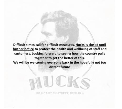 After some tough conversations with our staff and landlord, we took the governments advice and closed Hucks last night! Safety and flattening the curve is our priority. We will work with our staff to make sure they're all looked after in this difficult time #COVIDー19