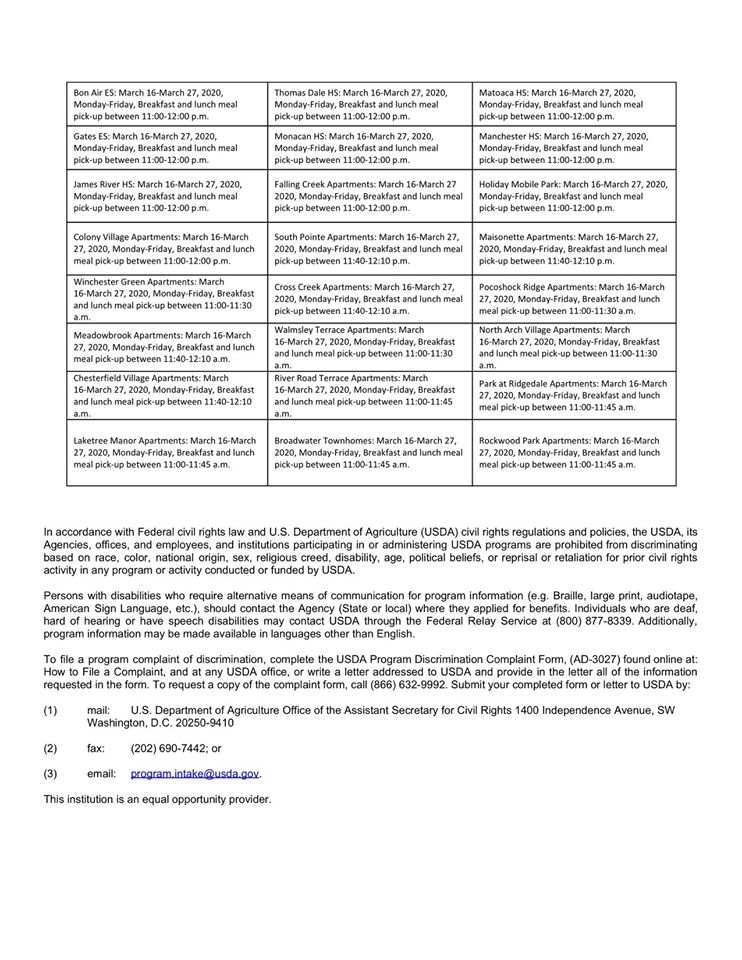 UPDATED: #oneCCPS will provide free meals to students ages 18 years &amp; younger while the division is closed due to COVID-19. <a href="/EPICatEttrickES/">Ettrick Elementary</a> was added as a distribution site. <a href="/ReamsElemAP/">Reams Road Elem</a> pickup is at the mobile village behind <a href="/AMDavisElem/">A.M. Davis</a>. More info here: mychesterfieldschools.com/coronavirus-in…