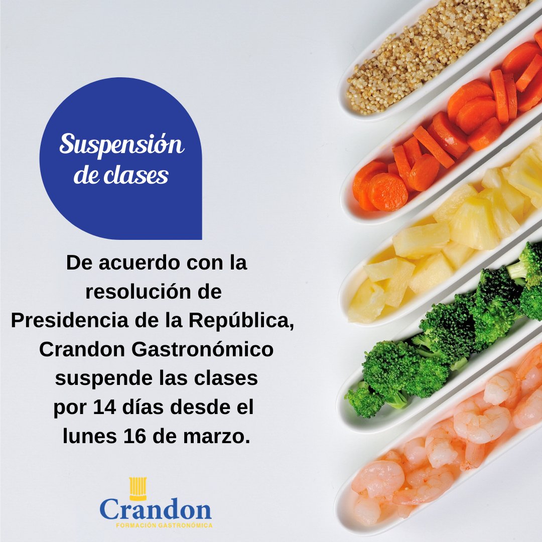 De acuerdo con la resolución de Presidencia de la República, Crandon Gastronómico suspende las clases por 14 días desde el lunes 16 de marzo.
.
Crandon Gastronómico, la escuela de cocina del Instituto Crandon. 
.
#CrandonGastronómico #EscueladeCocina #gastronomía  #Montevideo