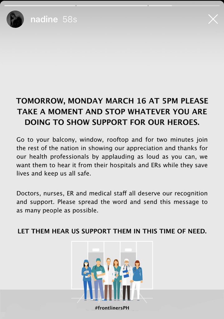 Encouraging this show of appreciation and support for our health professionals (doctors, nurses, ER and medical staff.)Our frontliners are heroes.nadine igs