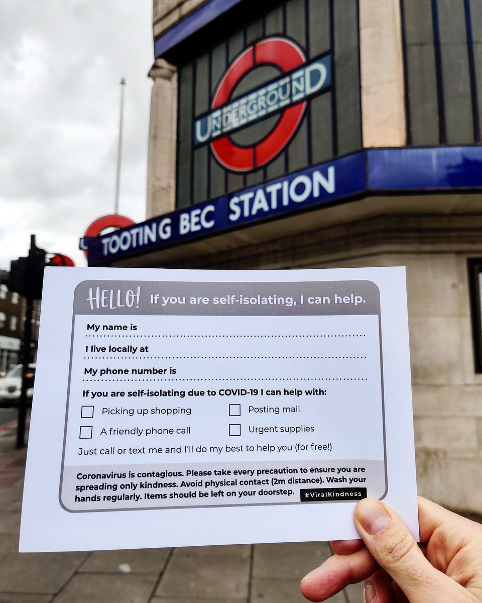 tootingnewsie's tweet photo. Do want to help those affected by #Coronavirus in #Tooting? Why not print some #ViralKindness cards, listing your services, &amp; pop them through the letterbox of someone who you think needs help.
Download: https://t.co/2DTtqqH7zb
Full story via @guardian: https://t.co/44TwxbnEZq https://t.co/pfEE1SUX39