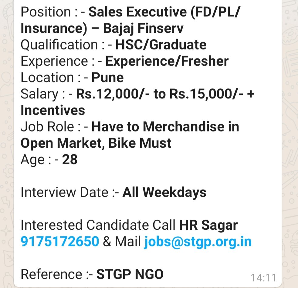 rohit_pawar1's tweet photo. #Sales_Executive 
#Bajaj_Finserv
#Pune_Jobs
#Free_Job 
No any consulting changes from candidates.. 
Reference- @stgpngo @Stgp_Jobs 
@PuneriSpeaks #jobseekers #JobSearch #Pune_Jobs https://t.co/gBPs568mDq