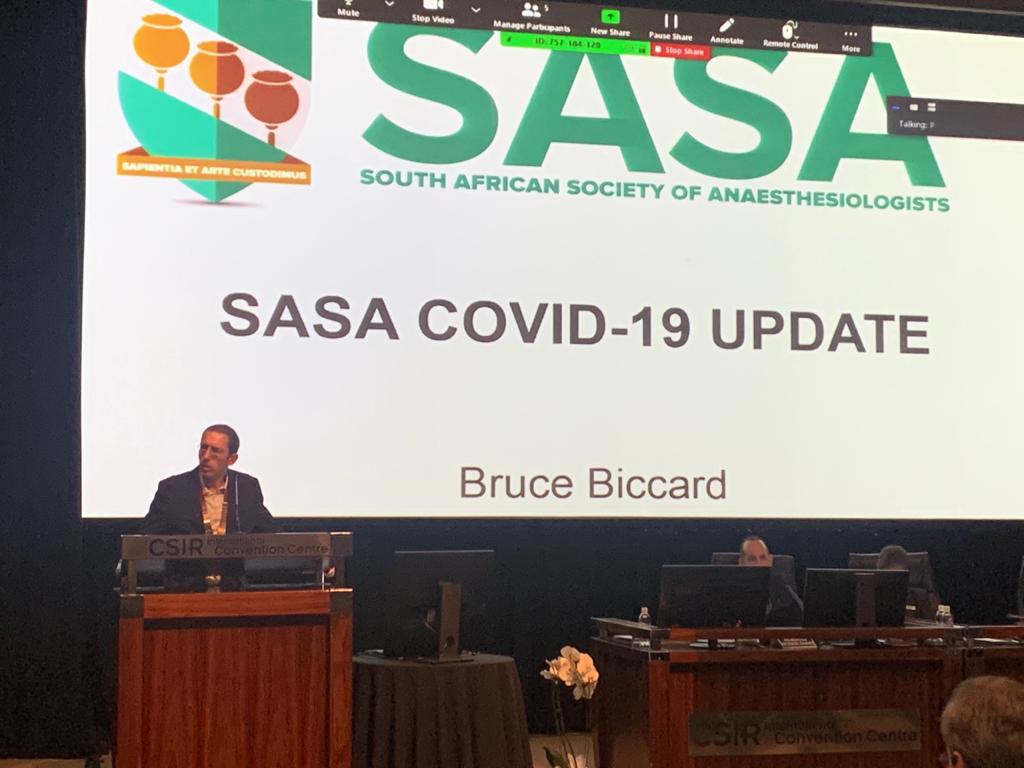 docanaesthetic's tweet image. Outgoing SASA President Prof. Bruce Biccard providing an update on the Covid-19 pandemic at the #SASA20 Congress, in preparation for our role as front line healthcare workers.