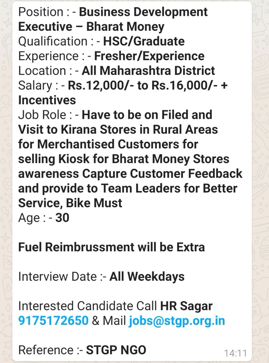 rohit_pawar1's tweet photo. #Business_Development
#BharatMoney
#Free_Job 
No any consulting changes from candidates.. 
Reference- @stgpngo @Stgp_Jobs 
#jobseekers #JobSearch https://t.co/jENAXEiOHn
