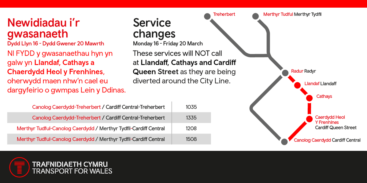 tfwrail's tweet photo. ⚠️ Service Changes Monday 16 - Friday 20 March 2020 ⚠️

Throughout next week, the below services will be amended and diverted around the City Line. These services will not call at Llandaff, Cathays and Cardiff Queen Street https://t.co/DQrjYFrCNs