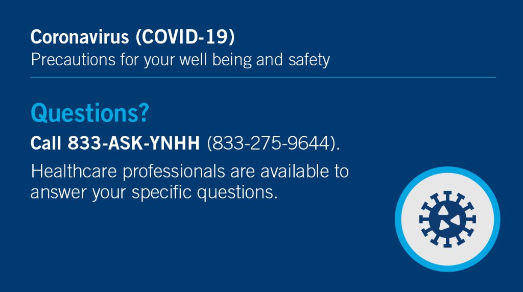 Questions or concerns about #COVID19? <a href="/ynhhealth/">Yale New Haven Health</a> has opened a call center for patients &amp; the community, Monday - Friday, 7 am – 7 pm and Saturday &amp; Sunday of this week. The YNHHS COVID-19 call center can be reached at 833-ASK-YNHH (833-275-9644). Visit: ynhhs.org/covid19